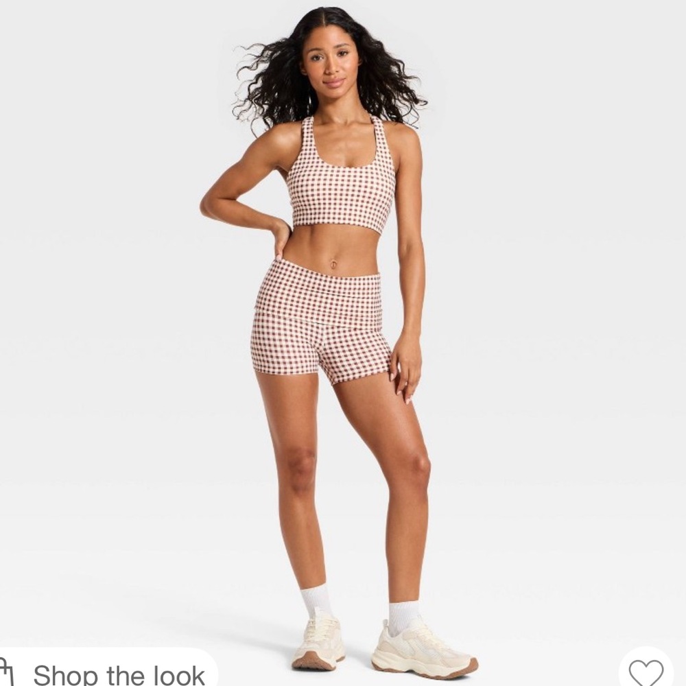 JoyLab Pink and White Gingham Sports Bra & Shorts Set